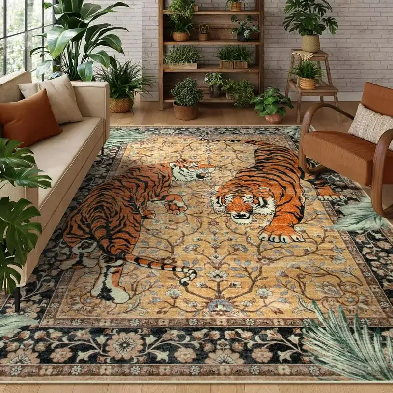 VIKAMA Retro Tiger Rug, Non-Slip and Machine-Washable Living Room Area Rug, Tropical-Style Home Decor Rug, Home Decor