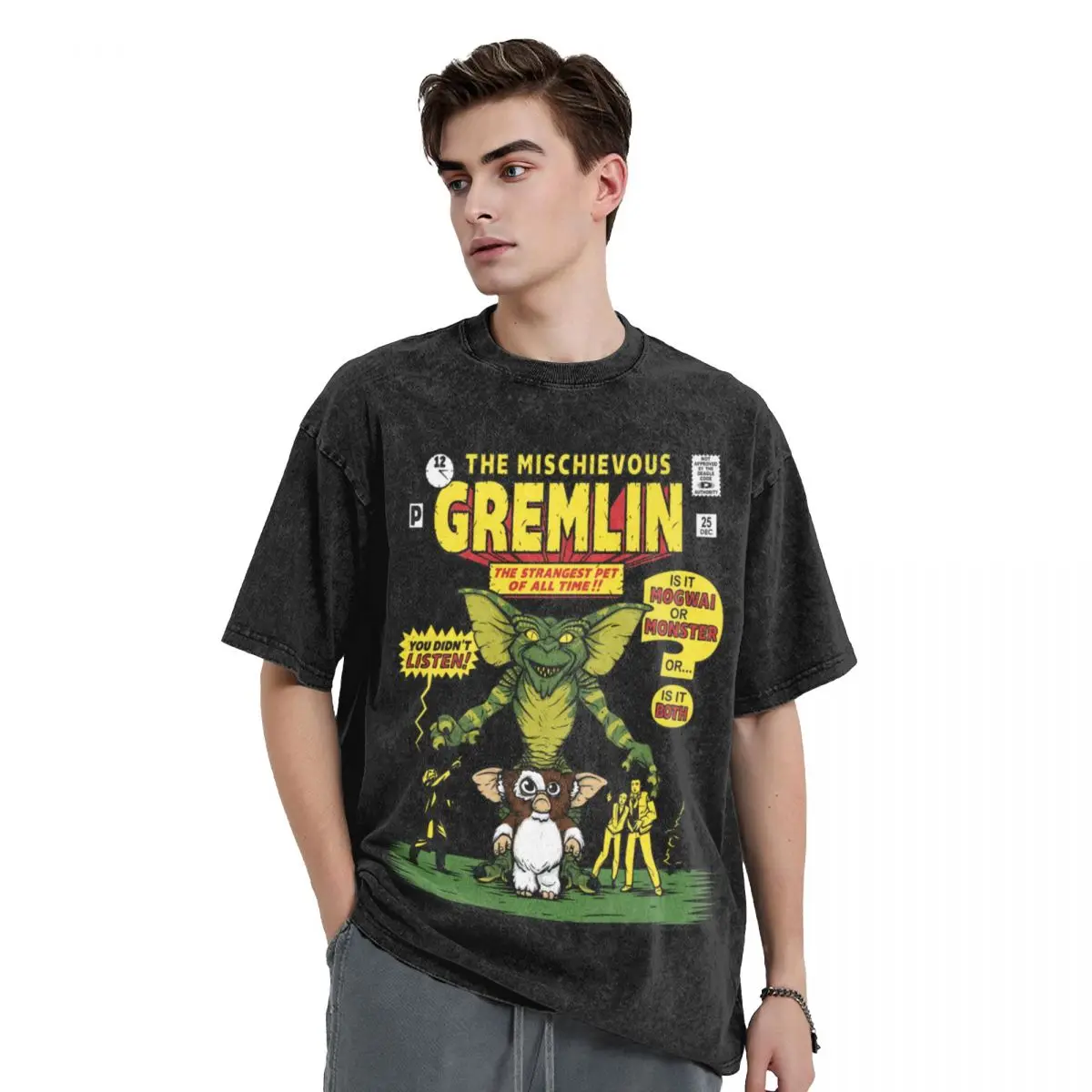 The Mischievous Gremlin Washed T Shirts Streetwear T-Shirt Gremlins Gizmo Monster 80s Horror Christmas Movie Tee Shirt Oversize