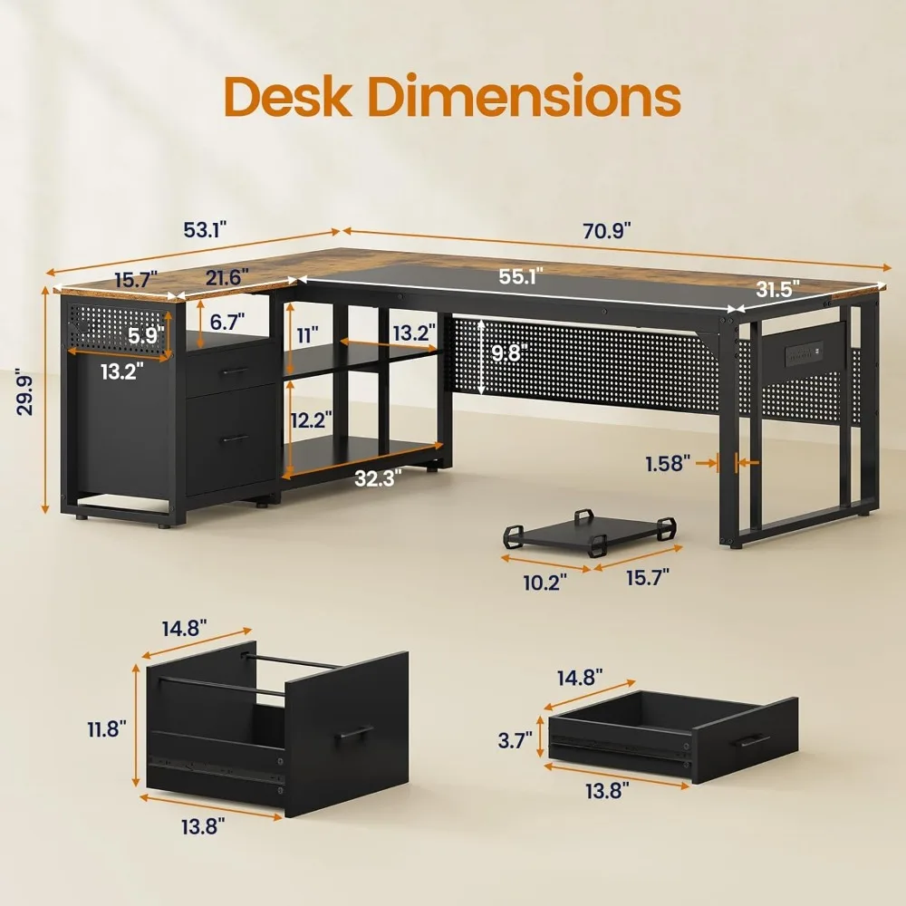 71 in Executive Desk with Power Outlets, Reversible L Shaped Desk with File Drawers & Storage Shelves, Large Office Desk Compute image 2