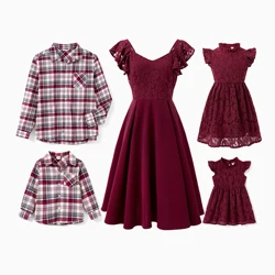 PatPat Family Matching Outfits Plaid Shirt Red Wine Lace Ruffle Sleeve A-Line Dress