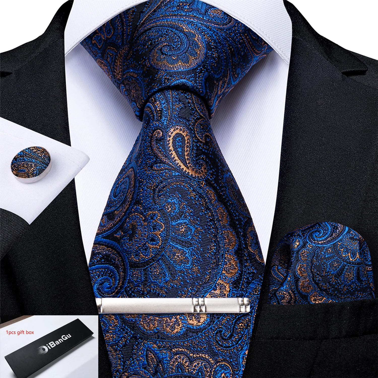 

5 шт./компл., однотонные шелковые галстуки с цветочным принтом пейсли для мужчин с подарочной коробкой, 8 см, галстук, носовой платок, запонки, набор зажимов, свадебные аксессуары