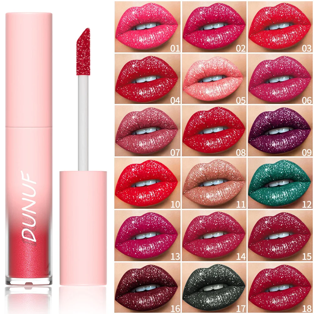 DUNUF18 Diamond Glitter Liquid Lip Balm Lasting Non-Stick Cup Waterproof Metallic Shimmer Matte Full Color Lip Gloss