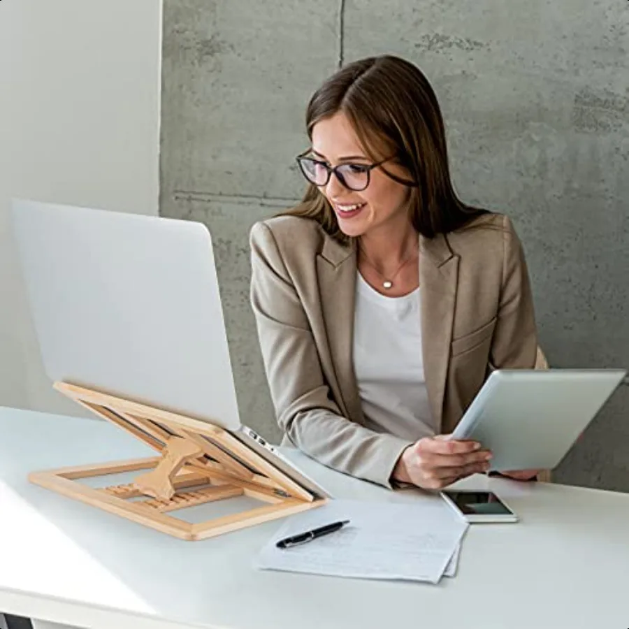 Wooden Laptop Stand for Desk with Free Phone Holder Foldable and Adjustable Ergonomic Laptop Riser for 1015.6 Inch Notebooks Po