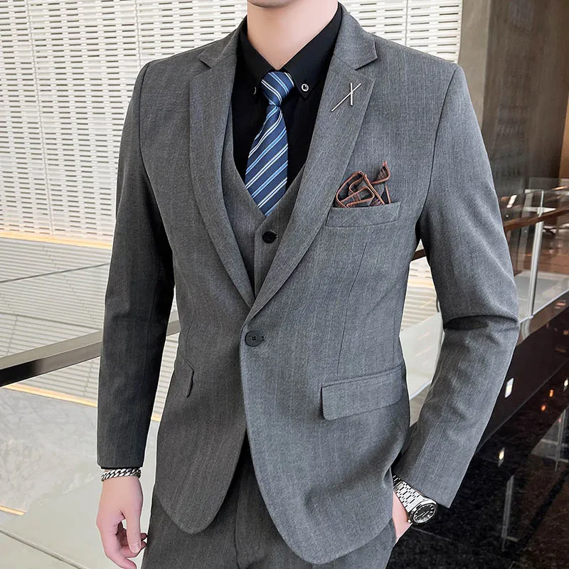 

( Jacket + Vest + Pants ) Fashion Boutique Striped Lattice Men Casual Business Three-piece Suit Groom Wedding Dress Stage Tuxedo