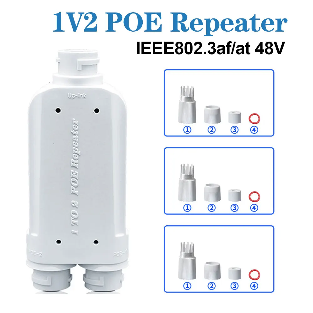 Repetidor de 2 puertos POE resistente al agua, extensor IP66 de 10/100Mbps de 1 a 2 PoE con IEEE802.3af/at 48V para exteriores, para cámara de interruptor POE