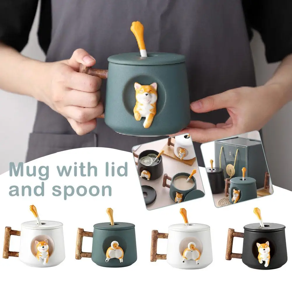 3d Ceramic Cartoon Shiba Dog Hand Painted Coffee Mug Tea Cup With Lid Spoon For Office Families And Friends Couple P0r9