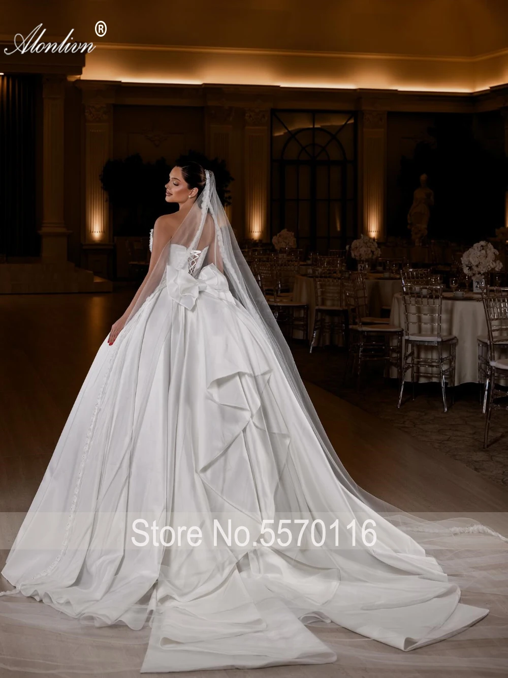 Alonlivn Custom Made Vintage Satin Sleeveless Puffy Wedding Dresses New Arrival Beaded Pearls Ball Gown Bridal Gowns