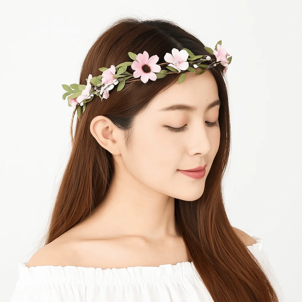 الجنية البيضاء الزهور إكليل محاكاة زهرة البوهيمي زهرة عقال أغطية الرأس شرابة طويلة تاج الزفاف الفتيات #2