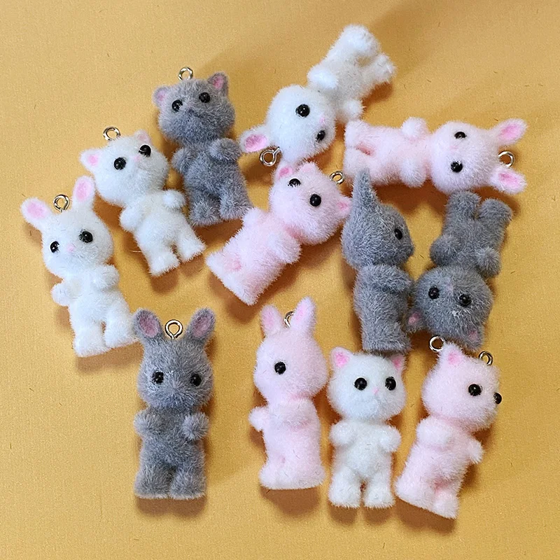 30pcs/Pack Slim Fluffy Cat Rabbit Charms Bulk Wholesale Animal Pendant Accessory DIY For Keychains Jewelry Make