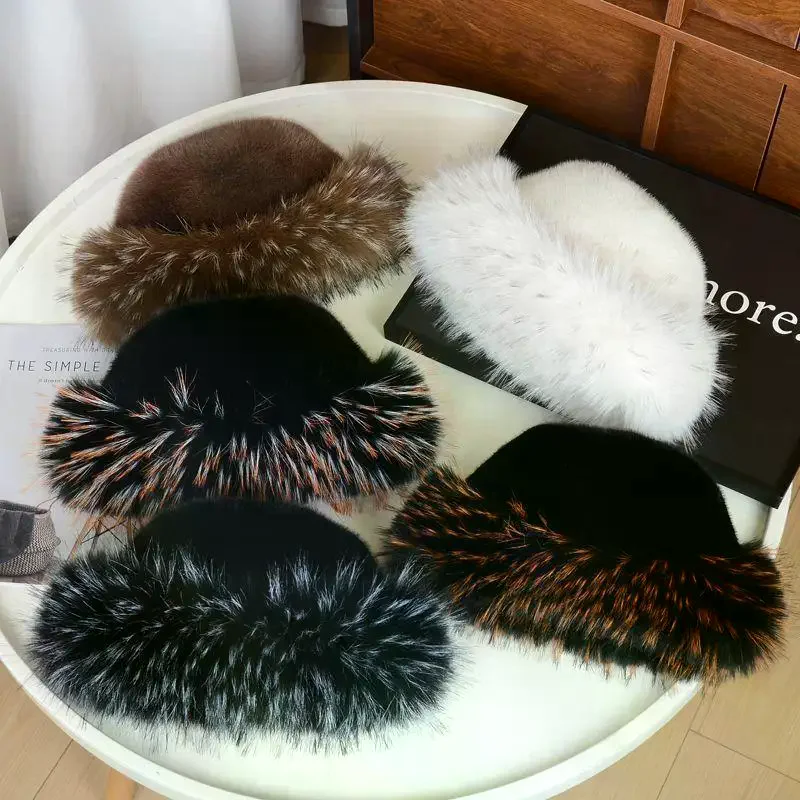 Women's Winter Plush Fisherman Hat Thick Fluffy Fur Ear Protection Windproof Warm Panama Basin Cap for Cold Weather