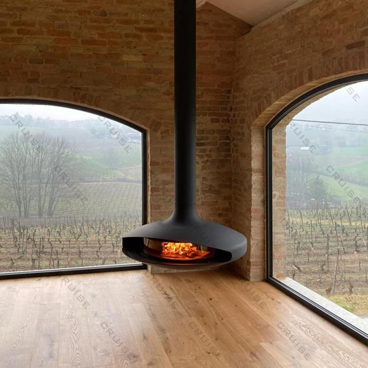 Steel Float Indoor Round Wood Burning Glass Door Rotating Suspended Hanging Fireplace for Indoor Heating