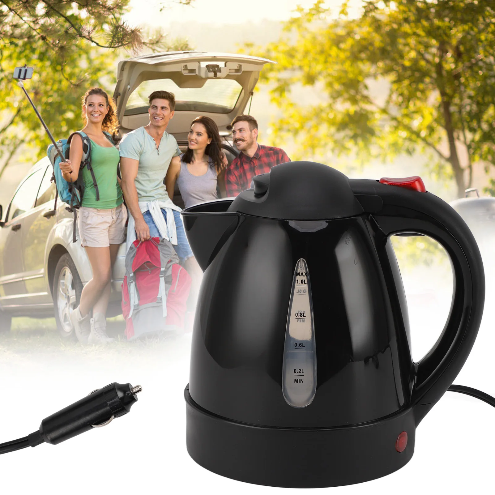 

150W Electric Kettle 1L Black Road Hot Water Boiler Stainless Steel Liner Auto Shut Off Tea Kettle Car Cigarette Plug 12V