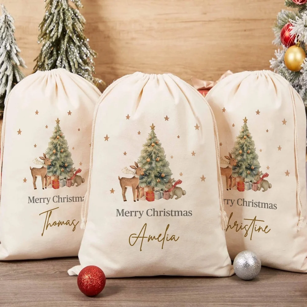 1Pc Customized Name/Text Christmas Imitation Hemp Gift Bag,Christmas Tree Pattern Drawstring Closure Storage Bag,Party Candy Bag