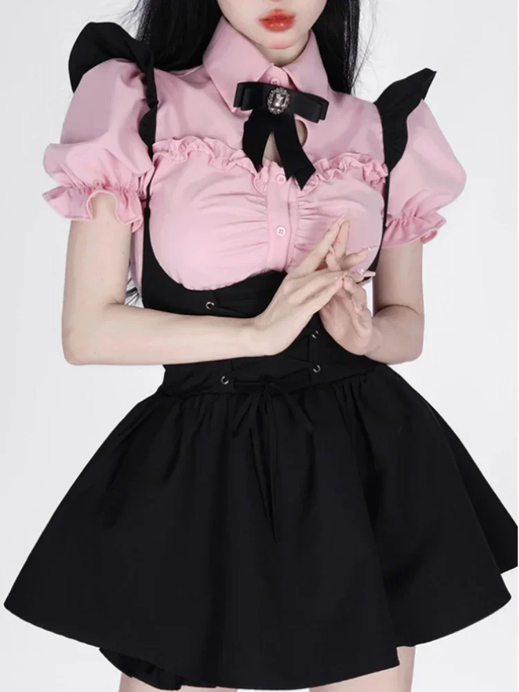 Summer Pink Sweet Kawaii 2 Piece Set Women Black Korean Style Skirt Suit Female 2024 Elegant Cute Blouse Suspenders Mini Dress