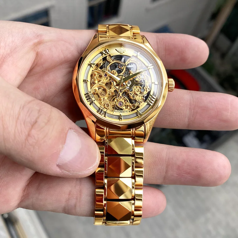 OUPINKE-Reloj de pulsera mecánico automático para hombre, cronógrafo de acero de tungsteno con espejo de zafiro, marca superior de lujo, color dorado