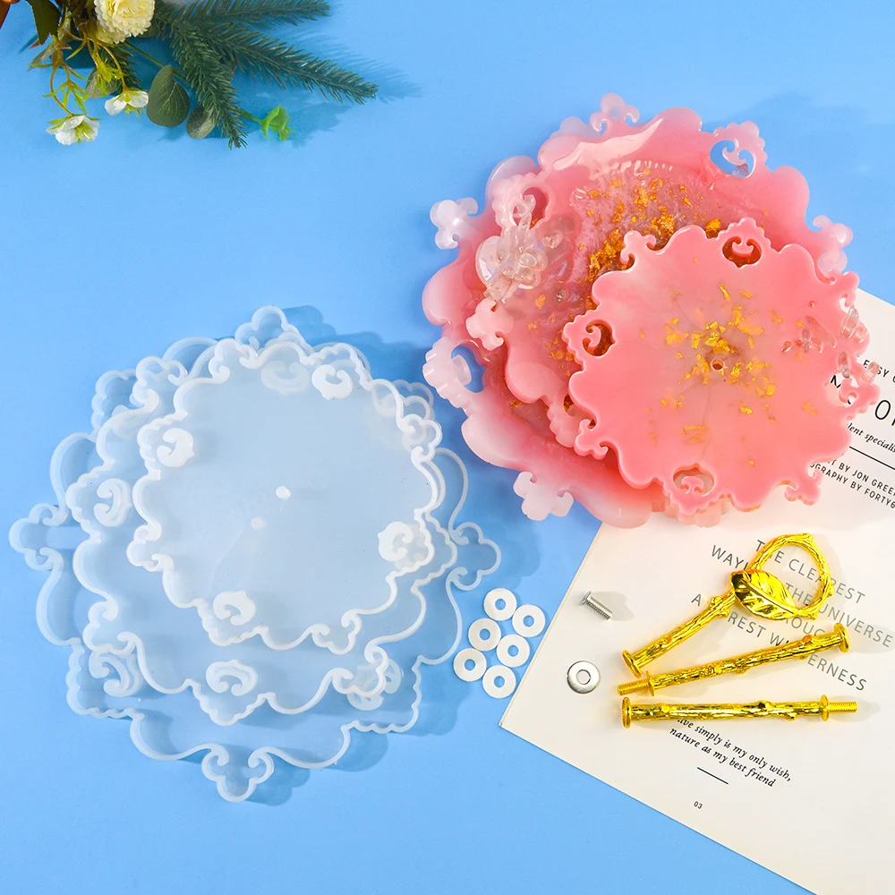 DM361 Three Layer Fruit Serving Plate Silicone Mold Set Crystal Tea Cup Pad Cake Dessert Tray Molde With Metal Stand