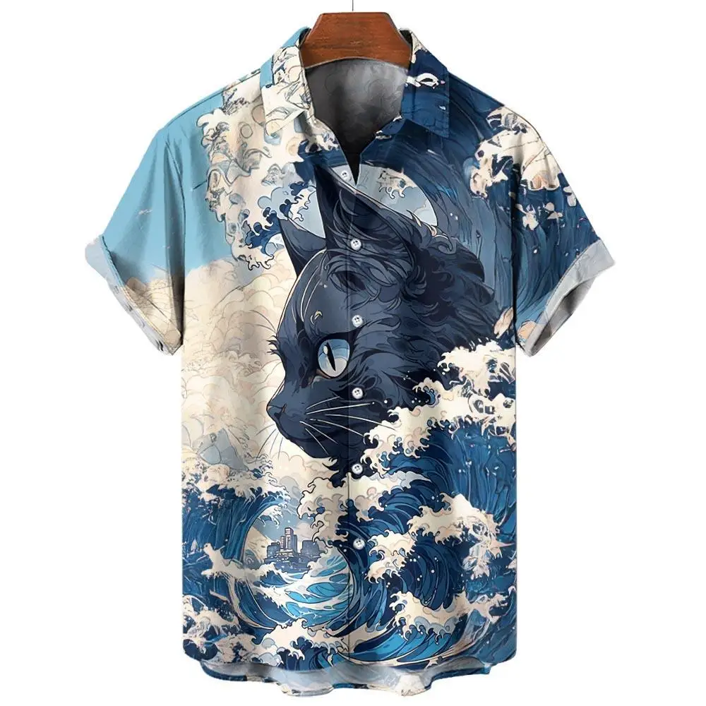 Hawaii Men's Shirt Anime Shirt Cartoon Short-sleeved Tops Summer Casual Men's Clothes Street Animals Cats Retro 3d Tees