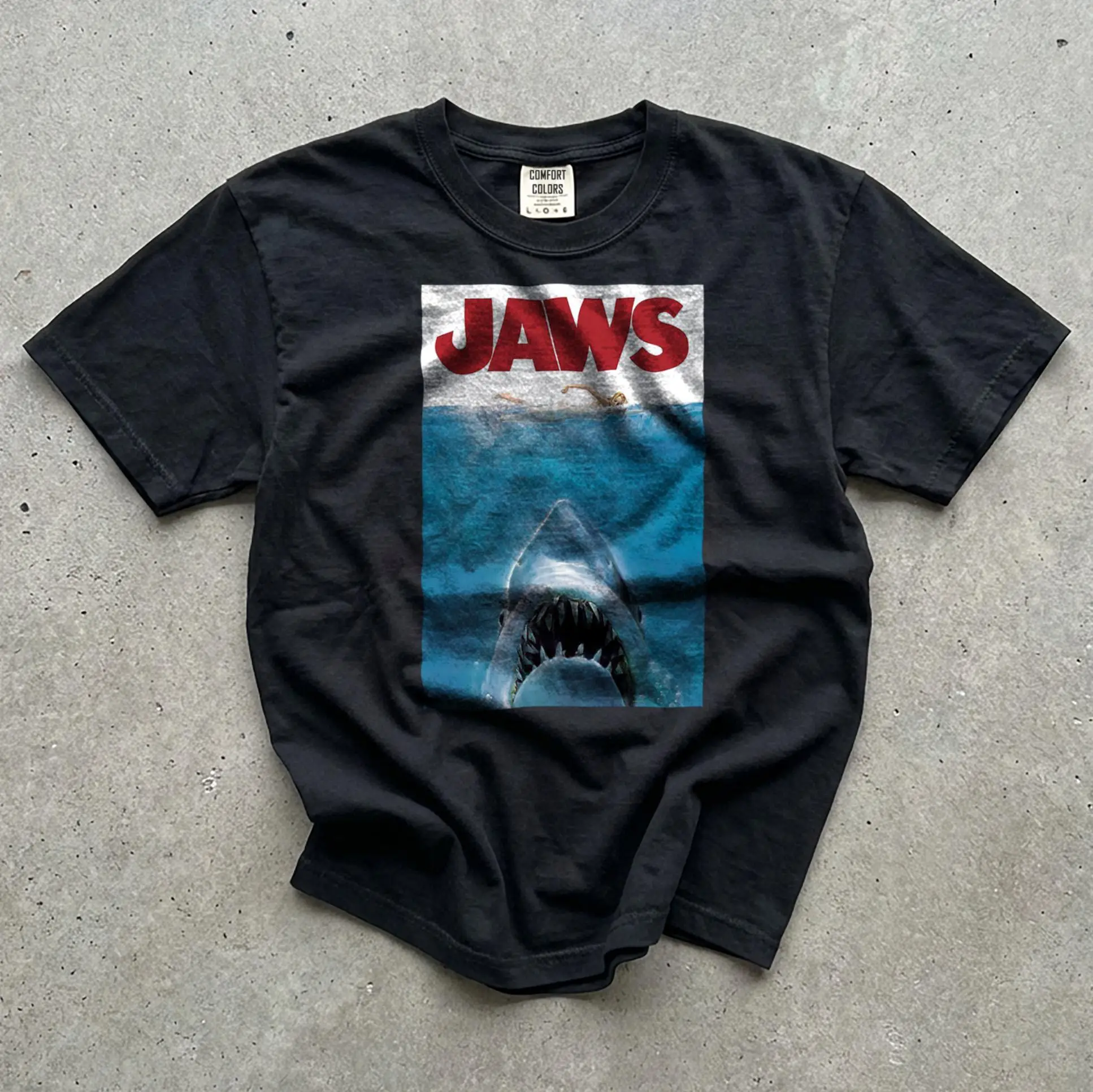 Jaws Movie Poster T-Shirt | Shark Graphic Tee Oversized Printed Round Neck Short Sleeved Shirt