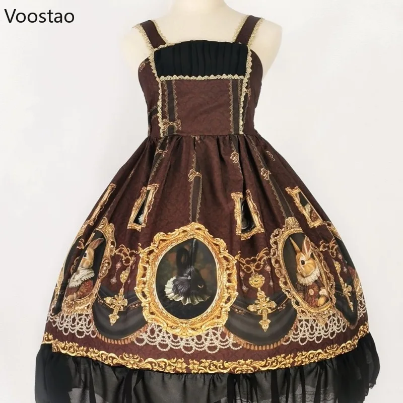 

Vintage Gothic Lolita Jsk Dress Women Sweet Cute Rabbit Print Sleeveless Tea Party Dresses Japanese Girls Kawaii Y2k Fairy Dress