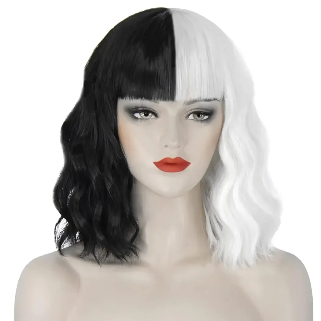 

Парик Cruella Deville, черно-белый парик Cruella для женщин, костюм Cruella Deville, короткие волнистые милые парики для костюмированной вечеринки Cruella