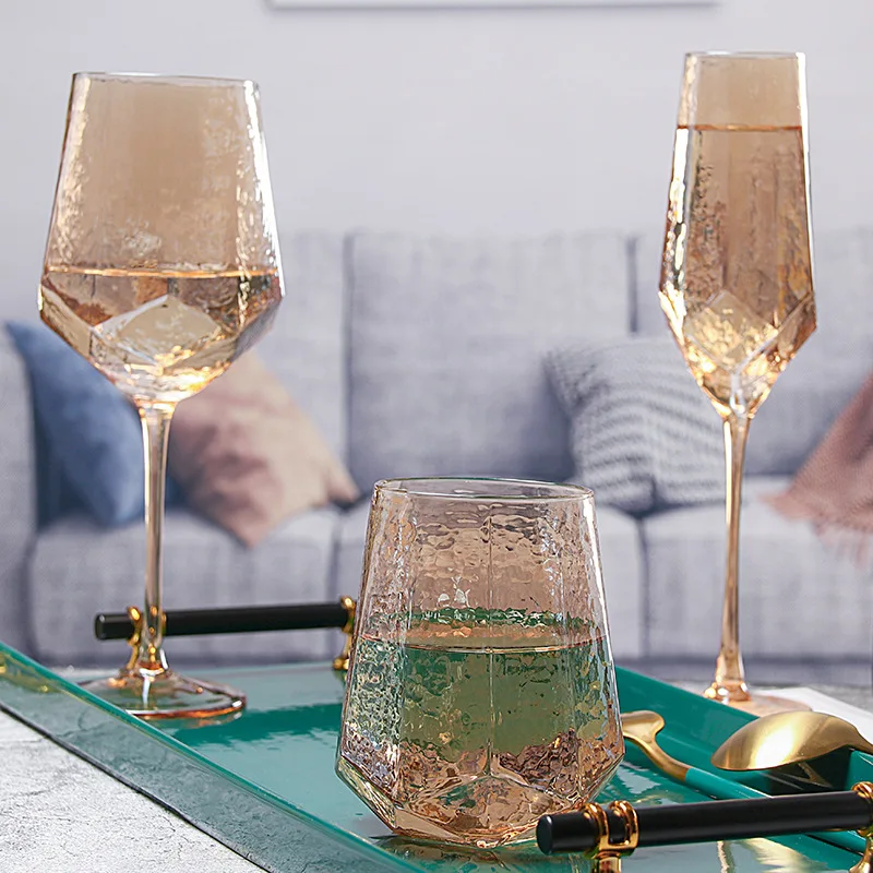 Colored Amber Champagne Goblet Wine Glasses Home Transparent Gold Edge Lead-free Crystal Glass Hammered Diamond Whisky Beer Cup