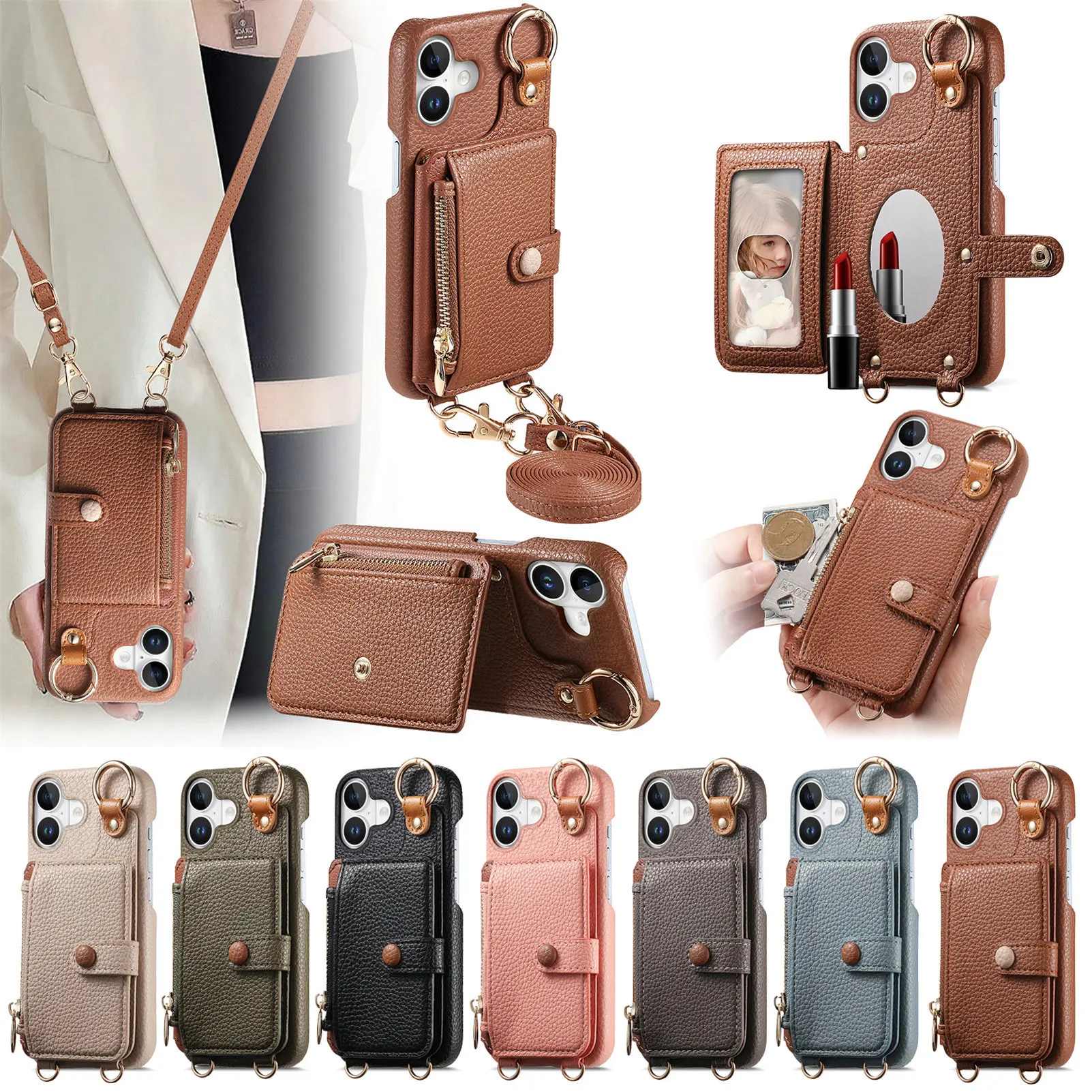 Crossbody Lanyard Zipper Cards Solt Wallet Leather Case For iPhone 16E 16 Pro Max 15 Plus 14 13 12 11 Ring Holder Mirror Cover