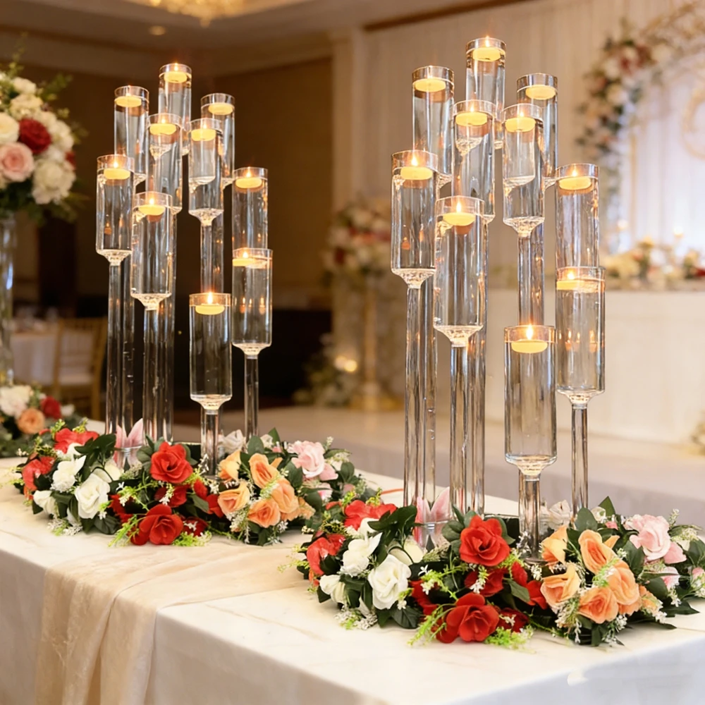 

4pcs)Customized Wedding Table glass Centerpieces can put water Clear Crystal Cylinder Candelabra 10 Arms for Event Party Decor