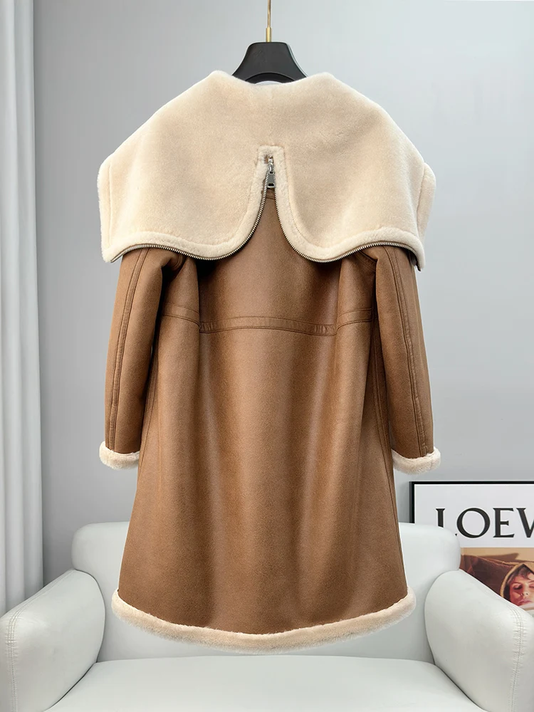 Two sided sheep shearing fur coat for women, medium and long, 2024 winter new model, lamb fur hooded jacket