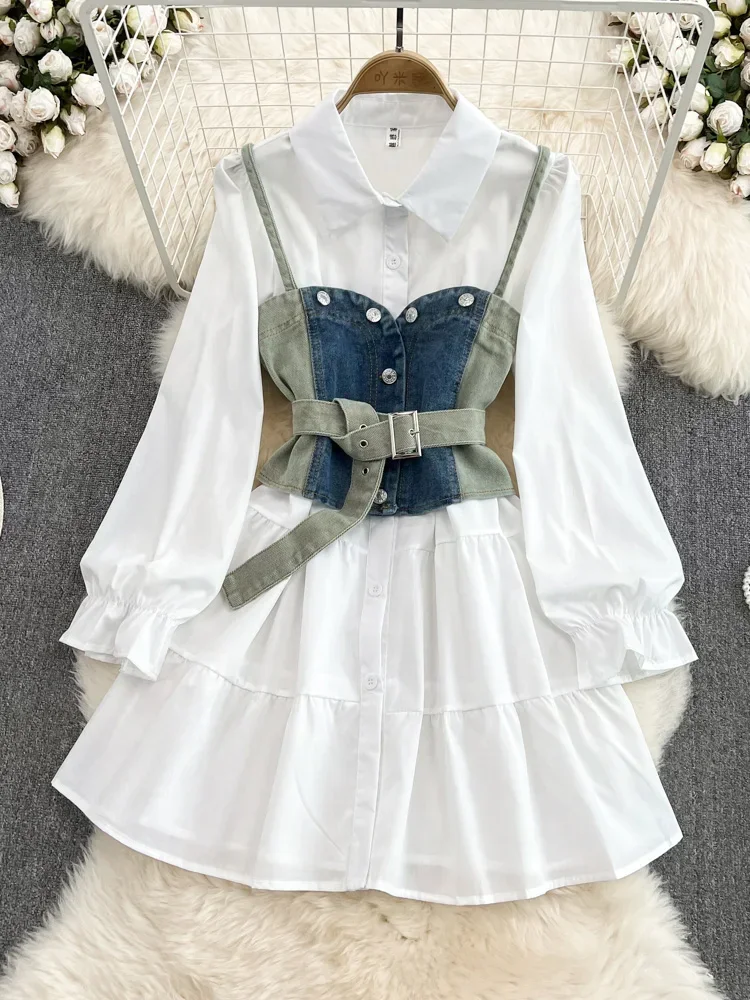 Spring Autumn Cowboy Waistcoat Shirt Dress Female Elegant Length Sleeve White Shirt Dress Vest Women\'s Two-piece Set GD785