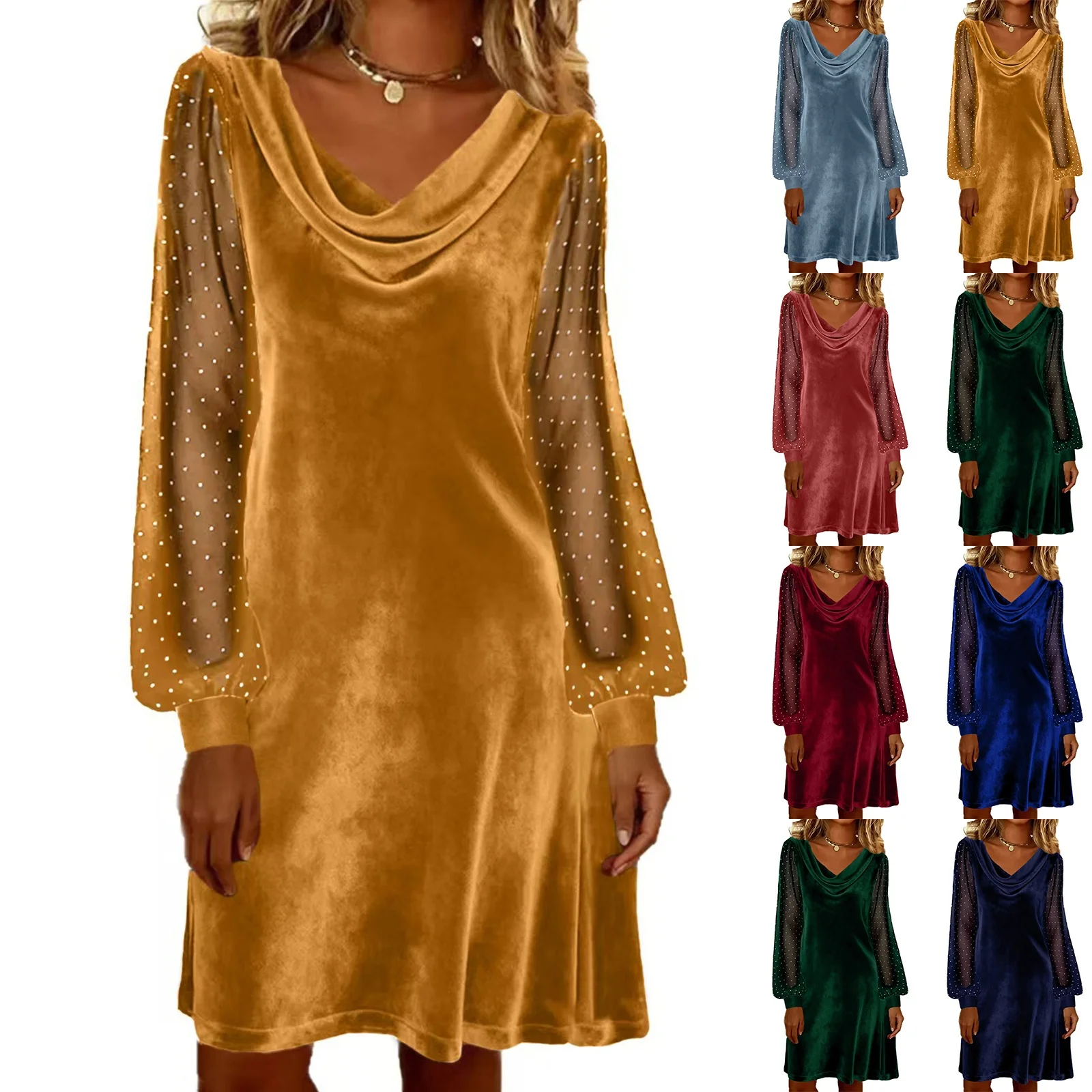 فستان نسائي مثير بأكمام طويلة فستان نسائي عنابي مخملي شفاف بأكمام شفافة فستان قصير منقط فاخر للتاريخ يوميًا 2026 #2