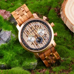 KityKiss 8294  steel wood men's watch luxury fashion military multi-function quartz  waterproof double time zone gift wood watch