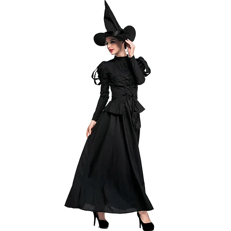 Costume de Sorcière Noire à Manches sulfpour Femme, Robe Style Corset, Cosplay, Halloween