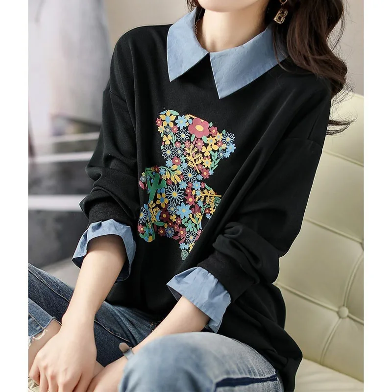 Autumn Simplicity All-match Polo-Neck Printed Sweatshirts Women's Clothing Fashion Loose Long Sleeve Pullovers Tops for Female