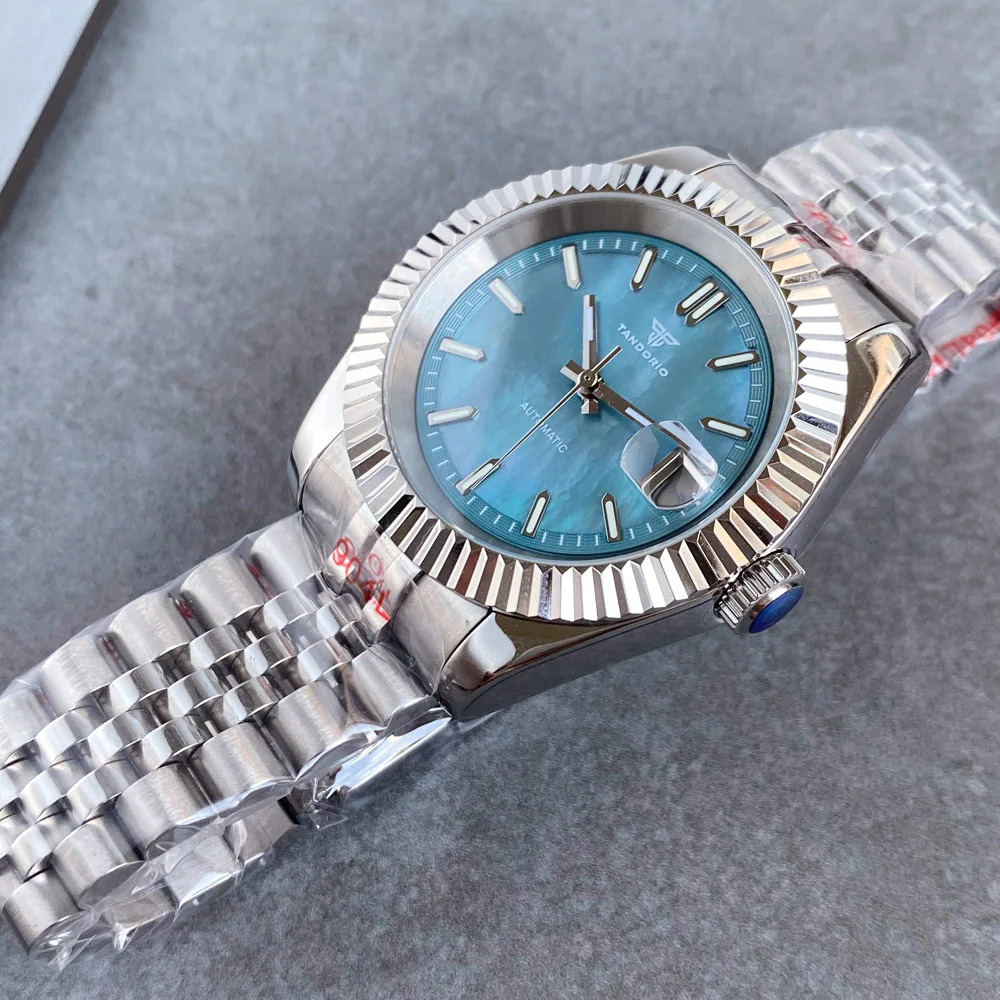 Tandorio 39mm Ice Blue MOP Mother of Pearl Shell Dial Luminous 200M Diver NH35 Mechanical Watch Men Steel Bracelet