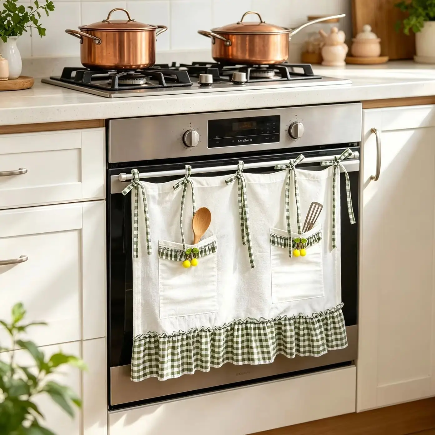 Kitchen Short Curtain with Storage Pockets Tie‑on Ruffled Gingham Tier Farmhouse Half Window Drapes for Cabinet Sink Oven Decor