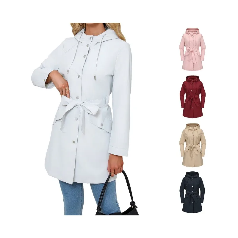 

Spring Autumn New Hooded Water-repellent Jacket with Belt Thin Casual Loose Trench Coat Women Windbreaker