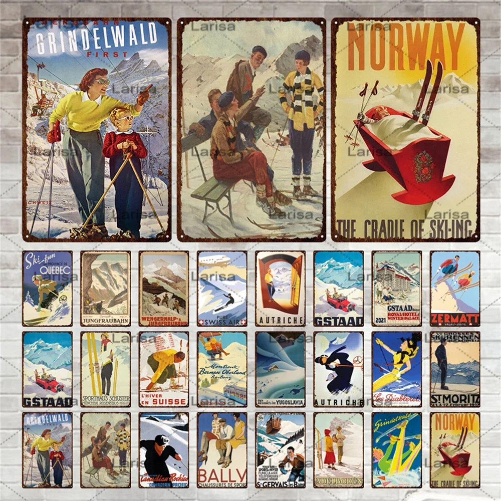 Skiing Sign Vintage Metal Poster Tin Sign Snow Mountain Retro Wall Decorative Plates for Living Room Bedroom Gift Painting