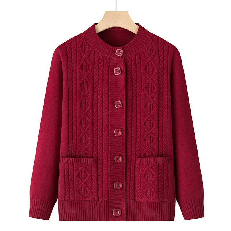 

Осень-зима женский вязаный свитер кардиган куртка однотонный однобортный трикотаж с круглым вырезом и длинными рукавами женские топы среднего возраста