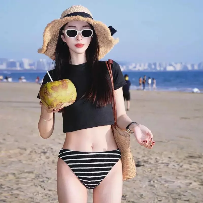 

Bathing Suit Women Muslim Swimsuit Retro Split Body Female Swimsuit Stripe Black T-shirt Sexy Cover Meat Bikini Breathable
