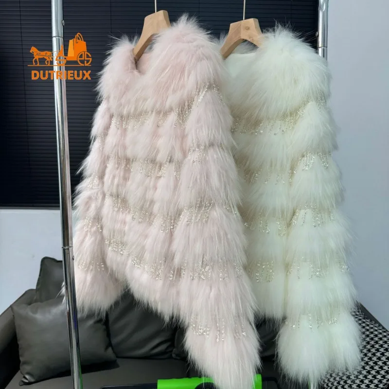 2025 New Temperamental Top-grade Genuine Leather Raccoon Fur Coat for Women, Warm 00% Raccoon Fur Coat for Vacation and Office