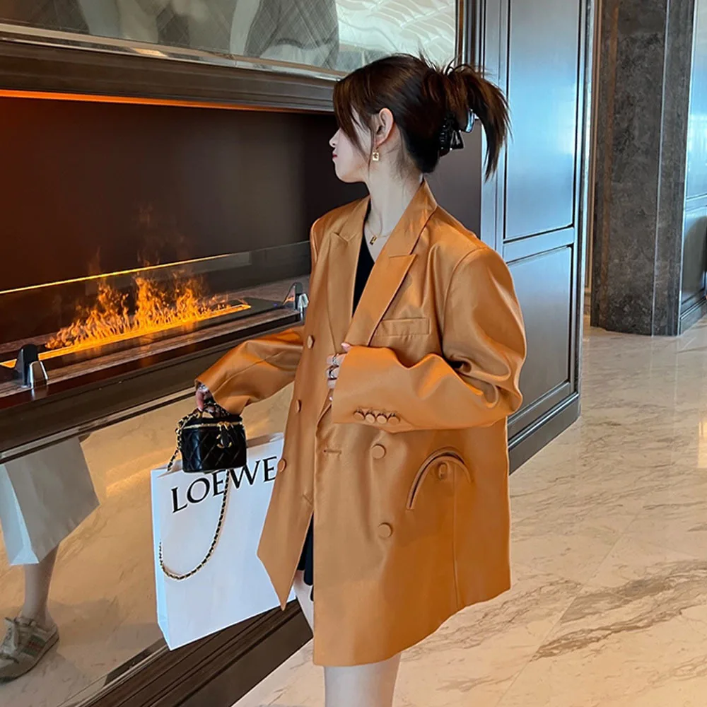 

Women's Fashion Orange satin Suit Coat 2022 Spring Fall Femme Button Suit Collar Long Sleeve Female Loose Blazers Chaquetas