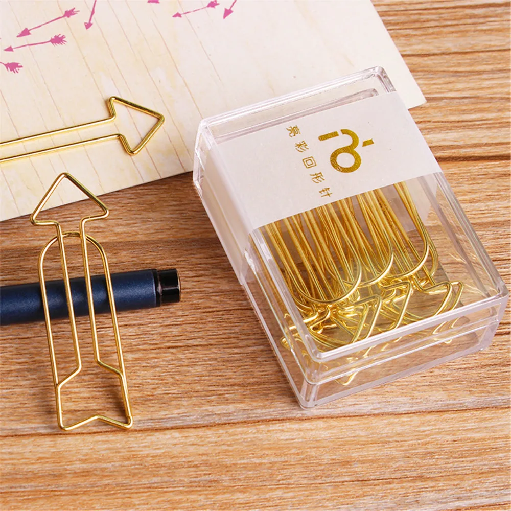 12pcs/Box Gold Arrow Paper Clips Metal Paperclips Decorative Bookmarks Photo Memo Ticket Clip School Office Stationery Supplies