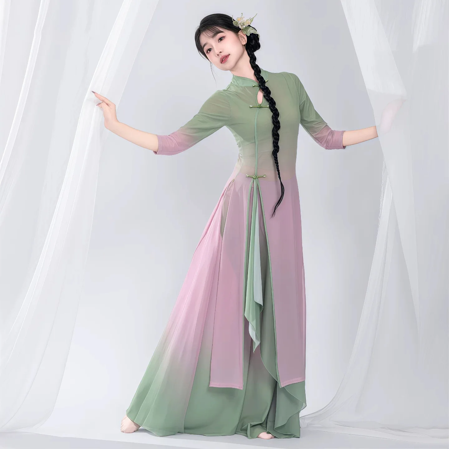 

Классический танцевальный костюм: женские кюлоты, градиентный чонсам с струящимся халатом, элегантный и изящный комплект для выступлений на сцене