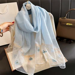 2024 Floral Embroidery Silk Wool Scarf Luxury Women Hijab Female Foulard Pashmina Long Beach Stoles Shawl Wrap Scarves Bandana