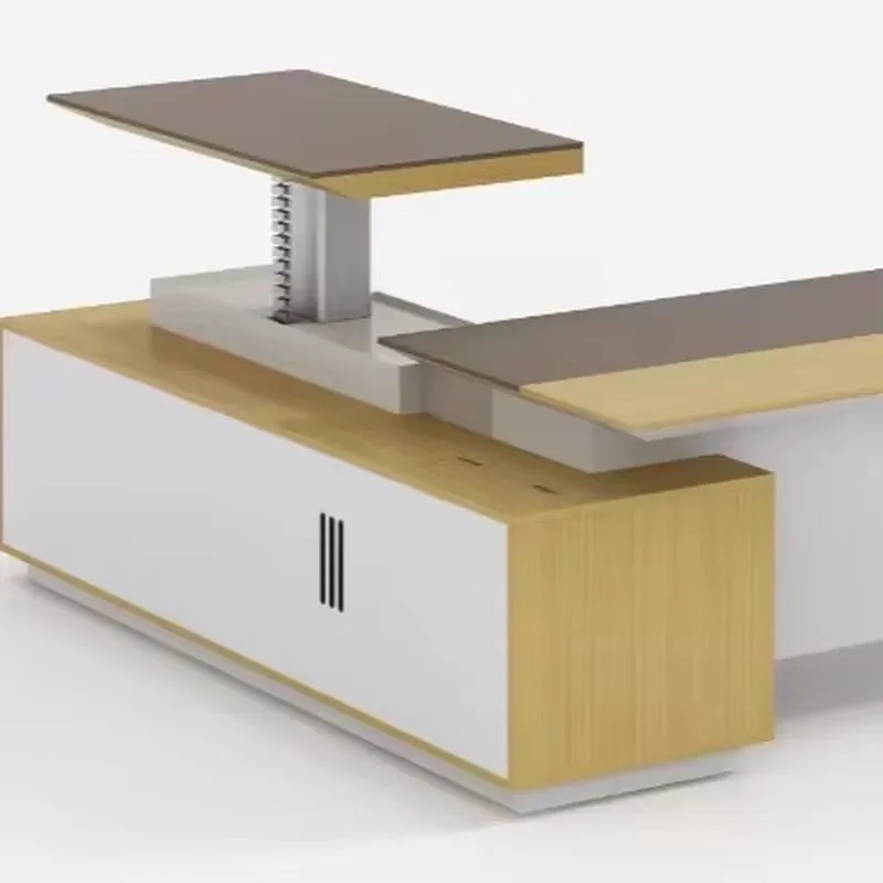 Durable Electric Lift Standing Desk Wood Finish Modern L Shaped Desk with Drawer Storage