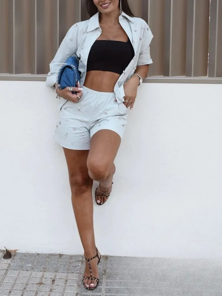 KONDALA Vintage Chic Women Jewels Suit Turn-down Collar Long Sleeve Blouse Straight Loose Shorts New Fashion 2025 Autumn Sets