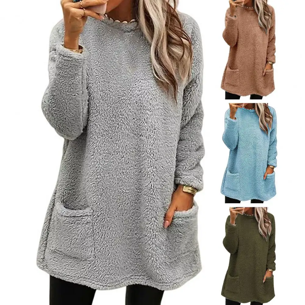 Women Round Neck Sweatshirt Cozy Plush Winter Sweatshirt with Dual Pockets for Women Stylish Mid Length Pullover Top for Office
