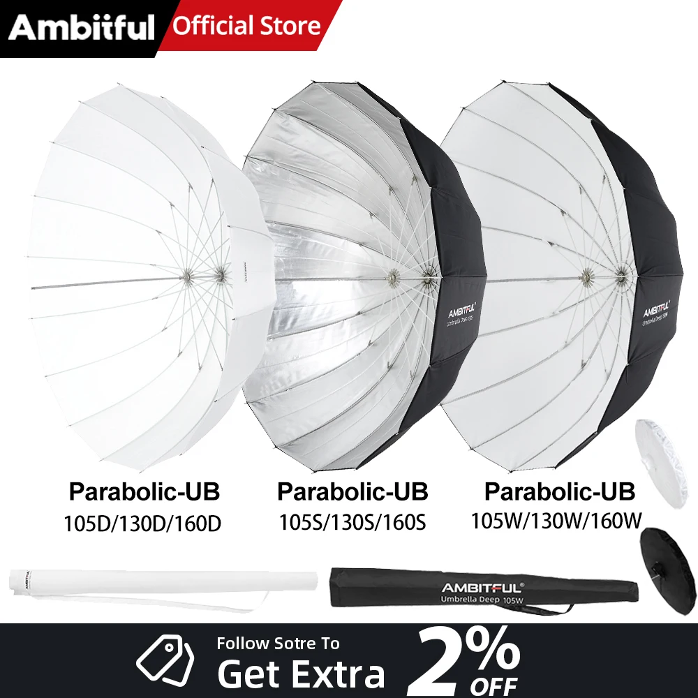 AMBITFUL UB-105 UB-130 UB-160 Parabolic Reflective Umbrella 105cm 130cm 160cm Black Silver White Studio Light Umbrella Diffuser
