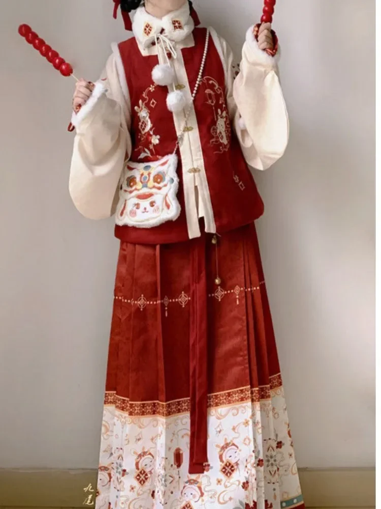여성용 빈티지 레드 귀여운 따뜻한 재킷 2 종 세트, 중국 스타일 전통 한푸 코스프레, 코스튬 말 얼굴 치마, 겨울