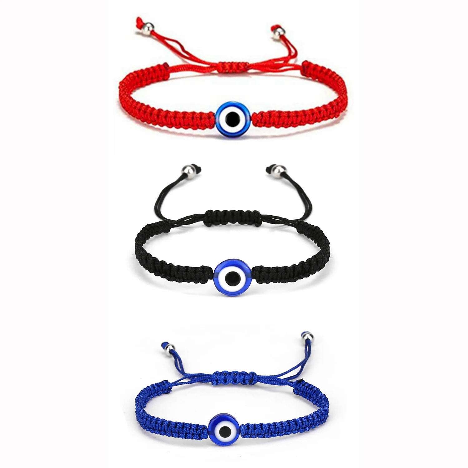 3PCS Evil Eye Bracelets Handmade Adjustable Protection Red Black Blue String Elephant Turtle Beaded Bangle Strand Set for Women